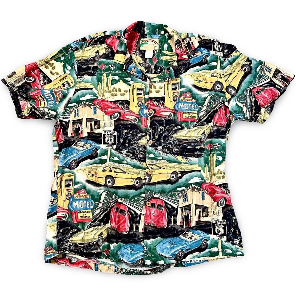 Paradise Found Corvette Route 66 Shirt Mens Large Rayon Aloha Cars Cruise VTG